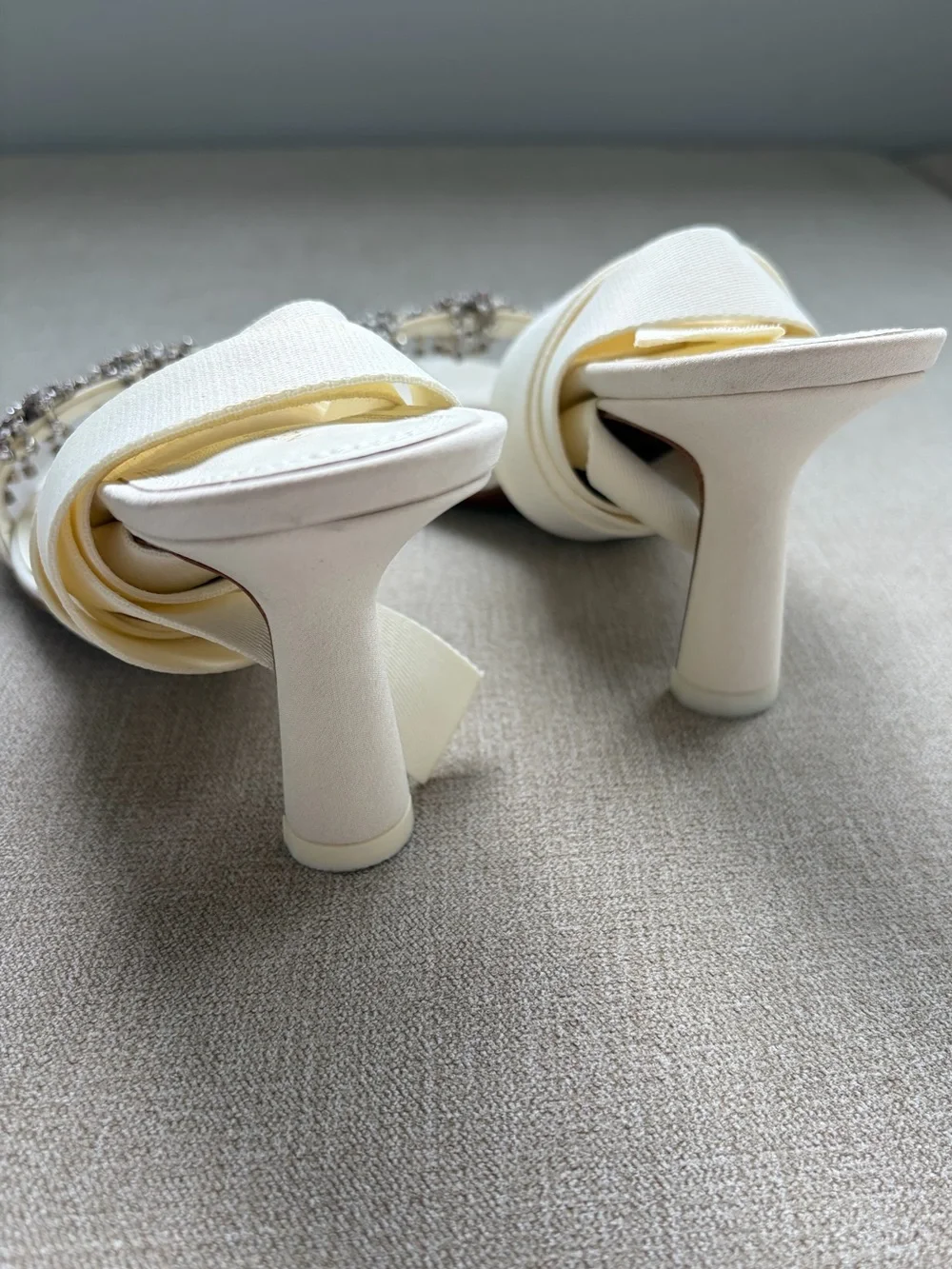 Crystal-Embellished Ivory Ankle-Tie Heels